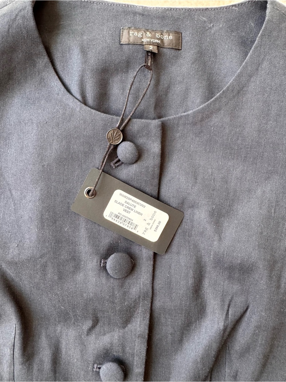 Rag & Bone Linen Blend Sleeveless Button Front Vest in Dark Navy size 2 - Picture 8 of 13